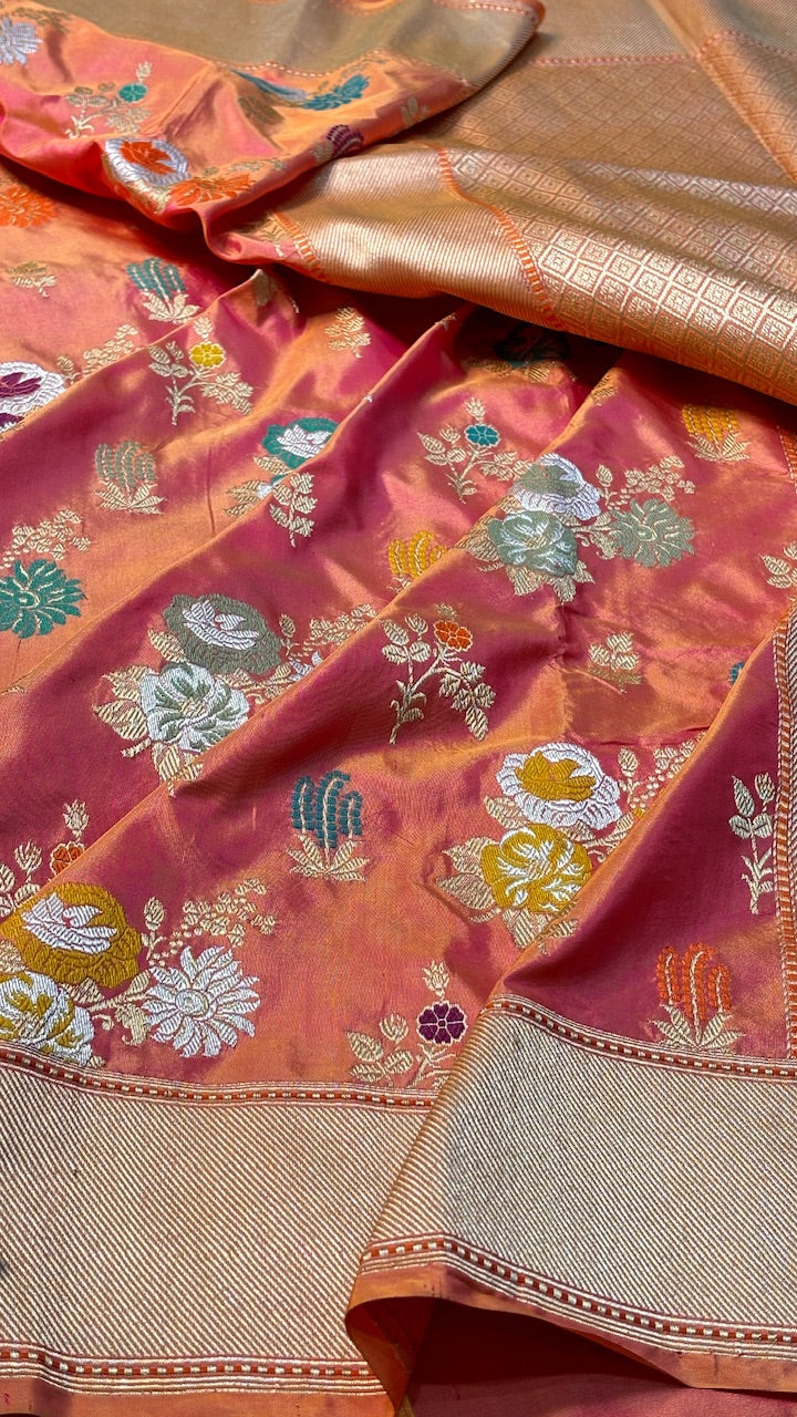 Sunset Peach Pink Pure Banarasi Katan Silk Handwoven Saree