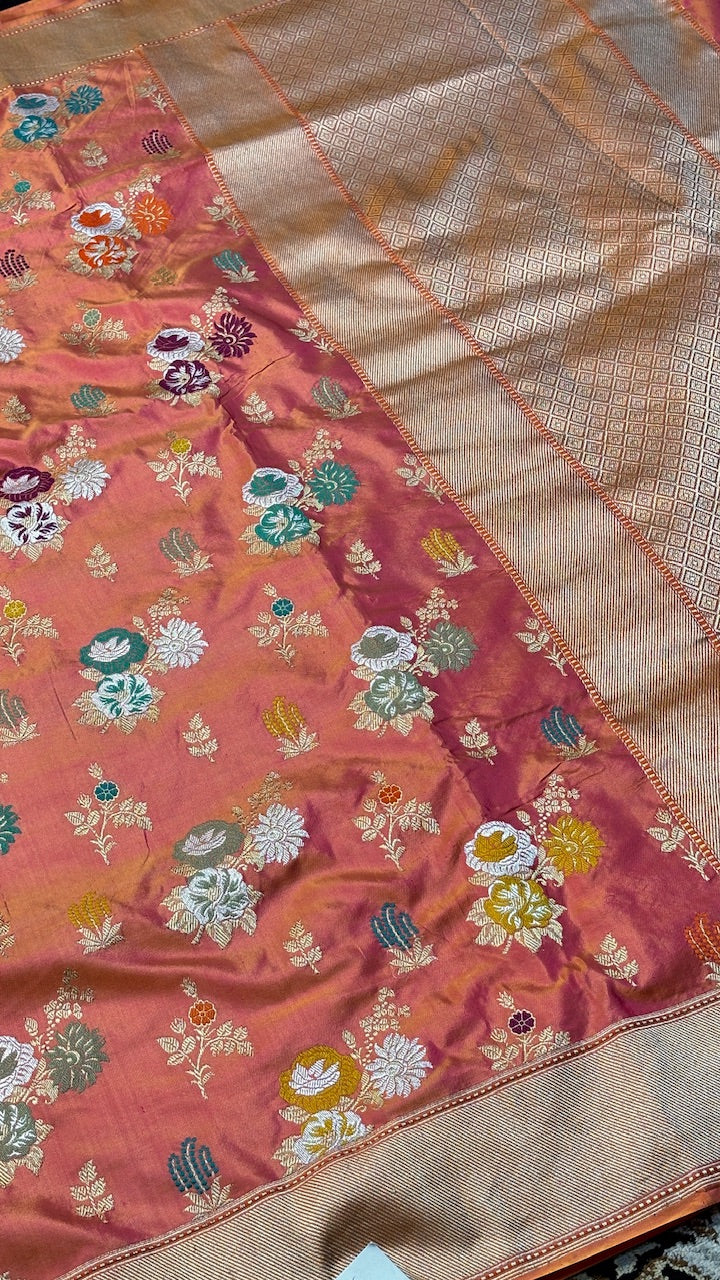 Sunset Peach Pink Pure Banarasi Katan Silk Handwoven Saree