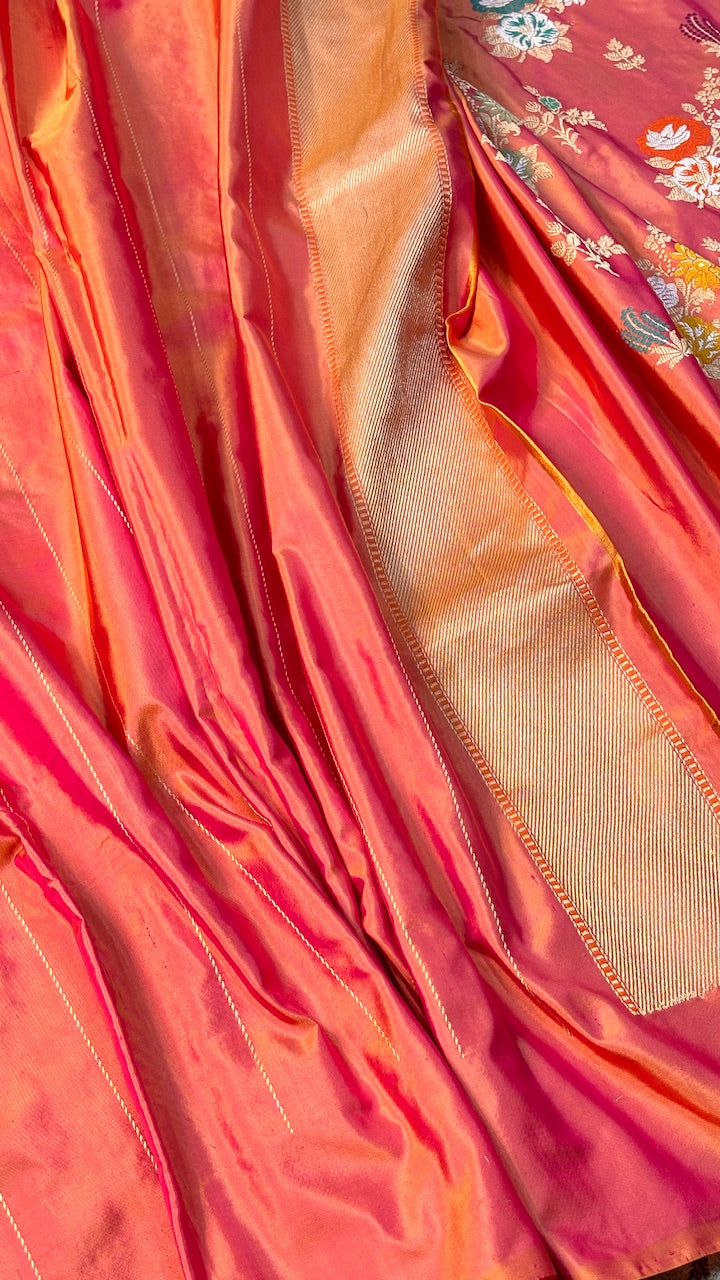 Sunset Peach Pink Pure Banarasi Katan Silk Handwoven Saree