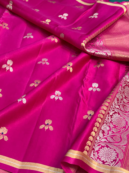 Rani Pink Handwoven Pure Mashru Banarasi Satin Silk Saree