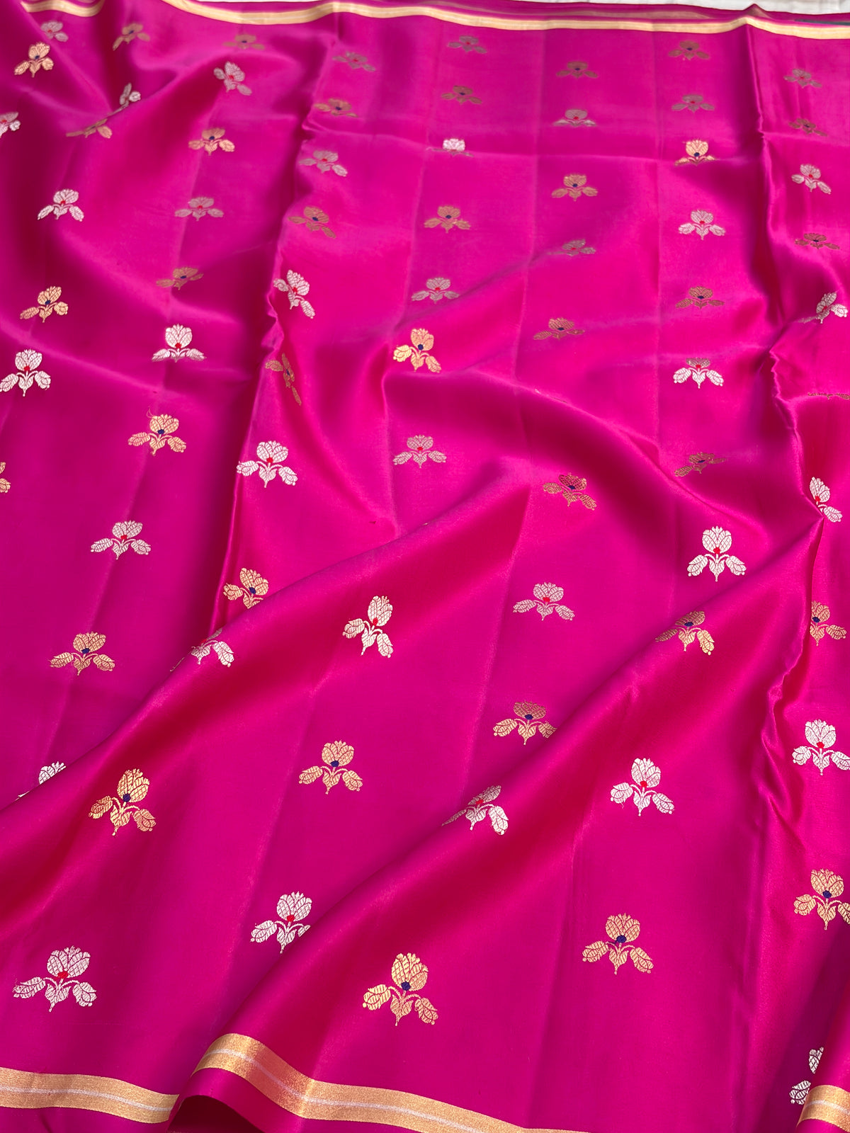 Rani Pink Handwoven Pure Mashru Banarasi Satin Silk Saree