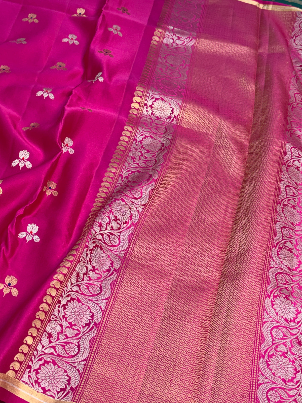 Rani Pink Handwoven Pure Mashru Banarasi Satin Silk Saree