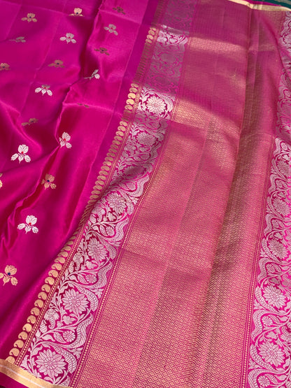 Rani Pink Handwoven Pure Mashru Banarasi Satin Silk Saree