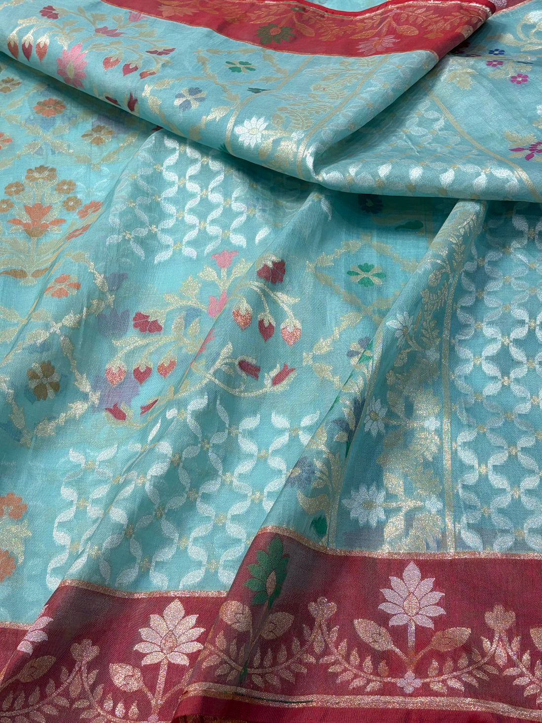 Sky Blue Banarasi Pure Kora Iktara Jamdani Saree with Red Satin Silk Border