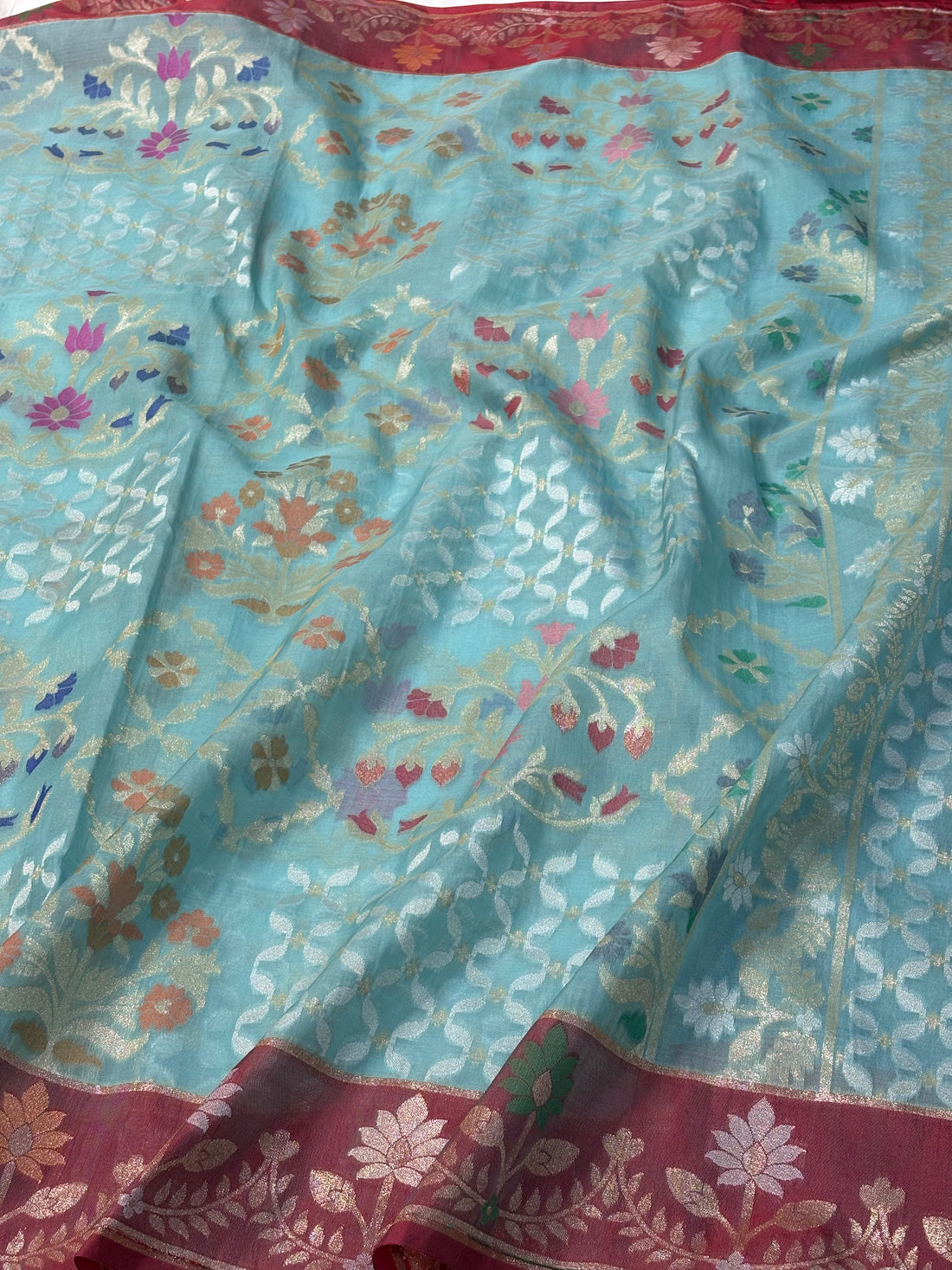 Sky Blue Banarasi Pure Kora Iktara Jamdani Saree with Red Satin Silk Border