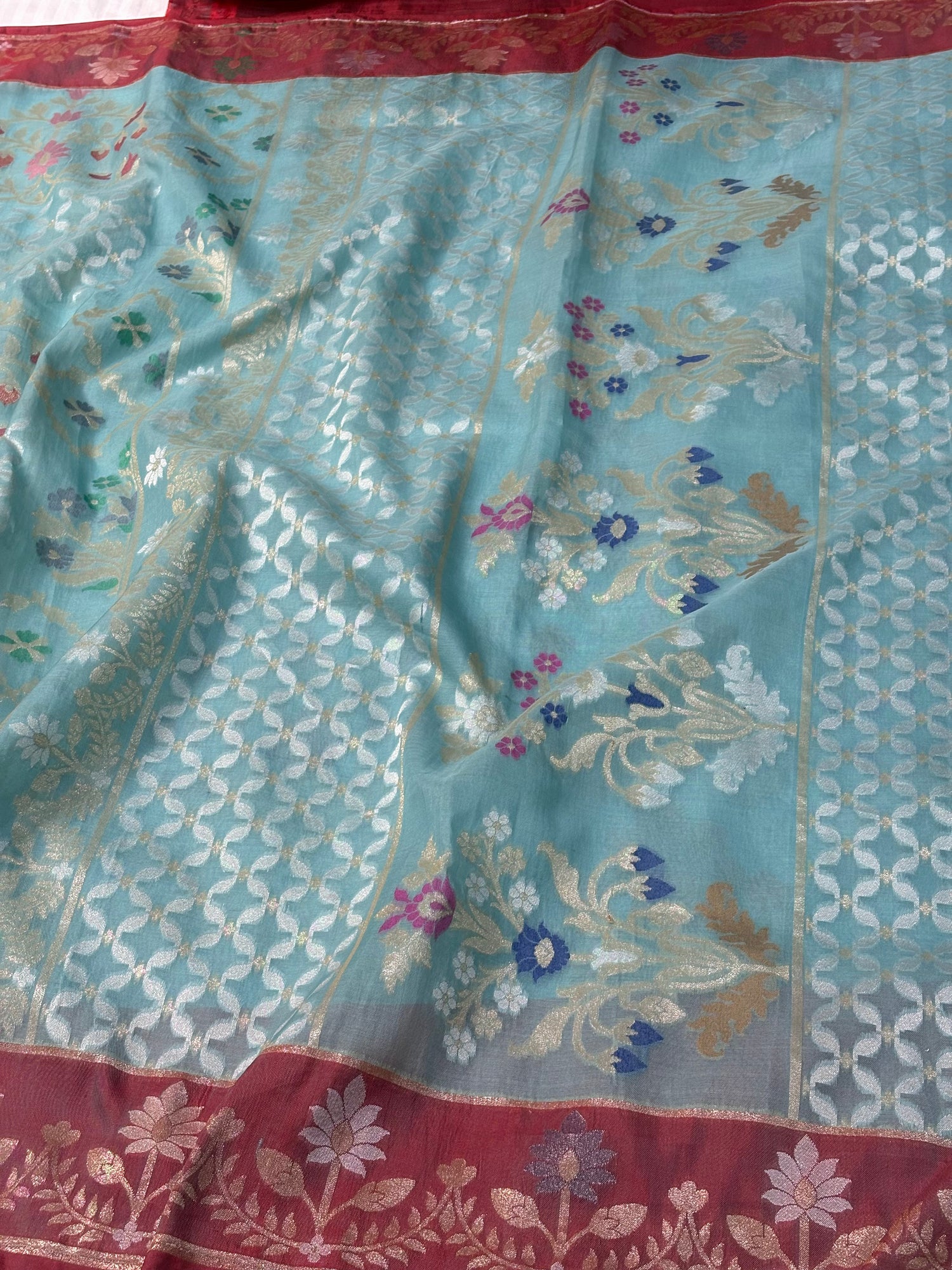 Sky Blue Banarasi Pure Kora Iktara Jamdani Saree with Red Satin Silk Border