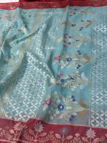 Sky Blue Banarasi Pure Kora Iktara Jamdani Saree with Red Satin Silk Border
