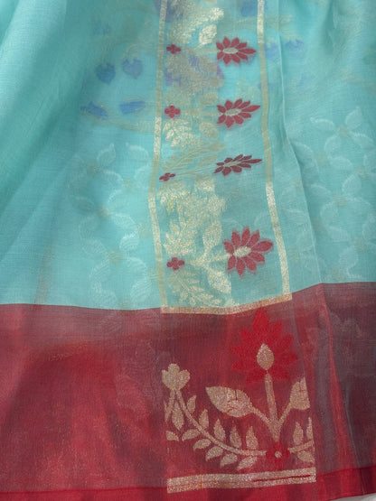 Sky Blue Banarasi Pure Kora Iktara Jamdani Saree with Red Satin Silk Border