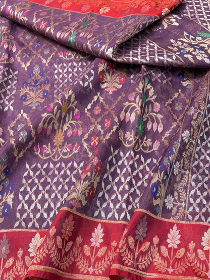 Mauve Banarasi Pure Kora Iktara Jamdani Saree with Red Satin Silk Border