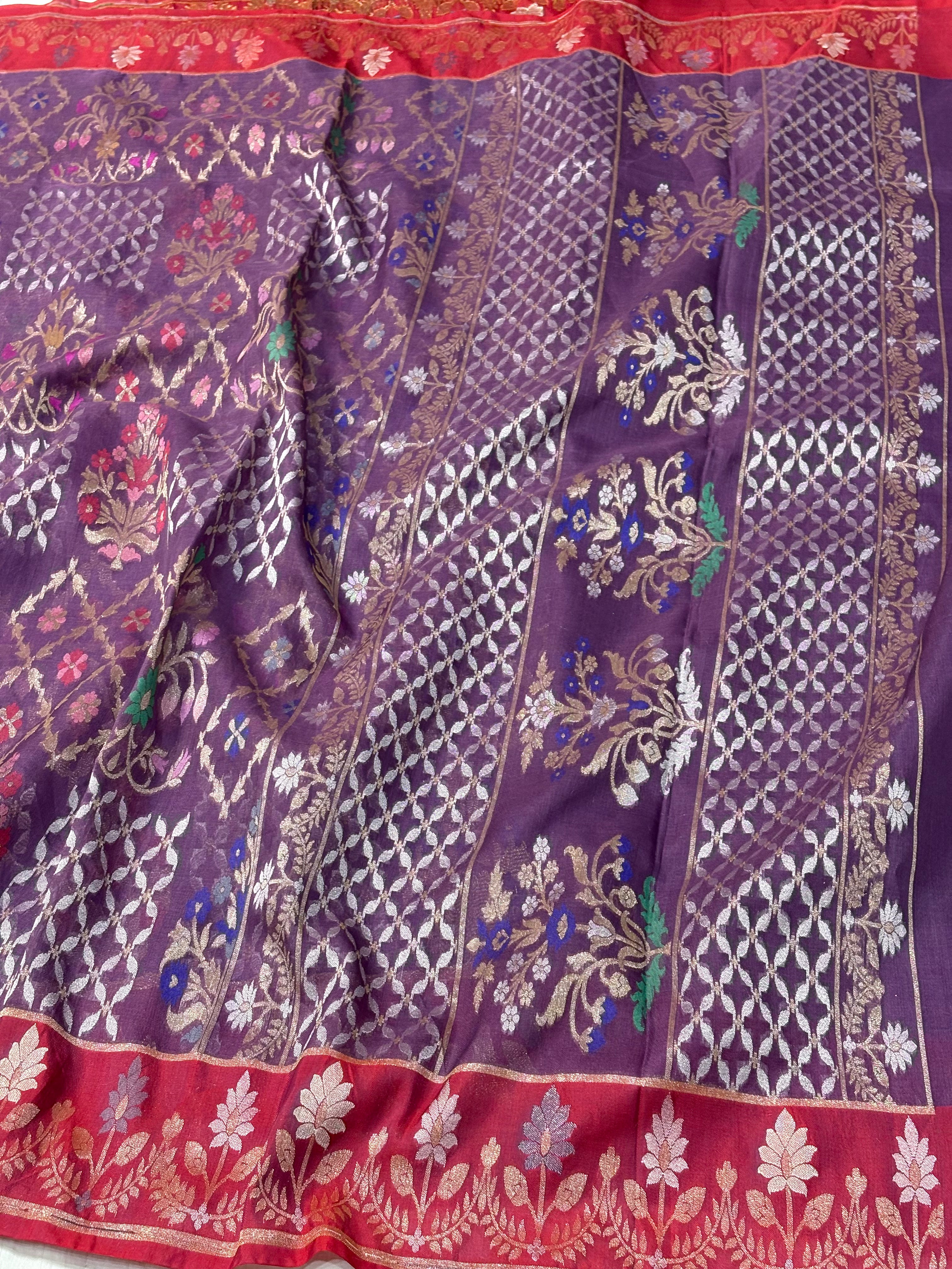 Mauve Banarasi Pure Kora Iktara Jamdani Saree with Red Satin Silk Border