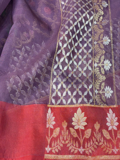 Mauve Banarasi Pure Kora Iktara Jamdani Saree with Red Satin Silk Border