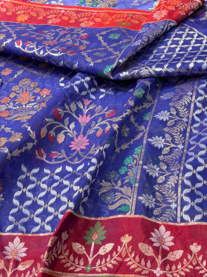 Royal Blue Banarasi Pure Kora Iktara Jamdani Saree with Red Satin Silk Border