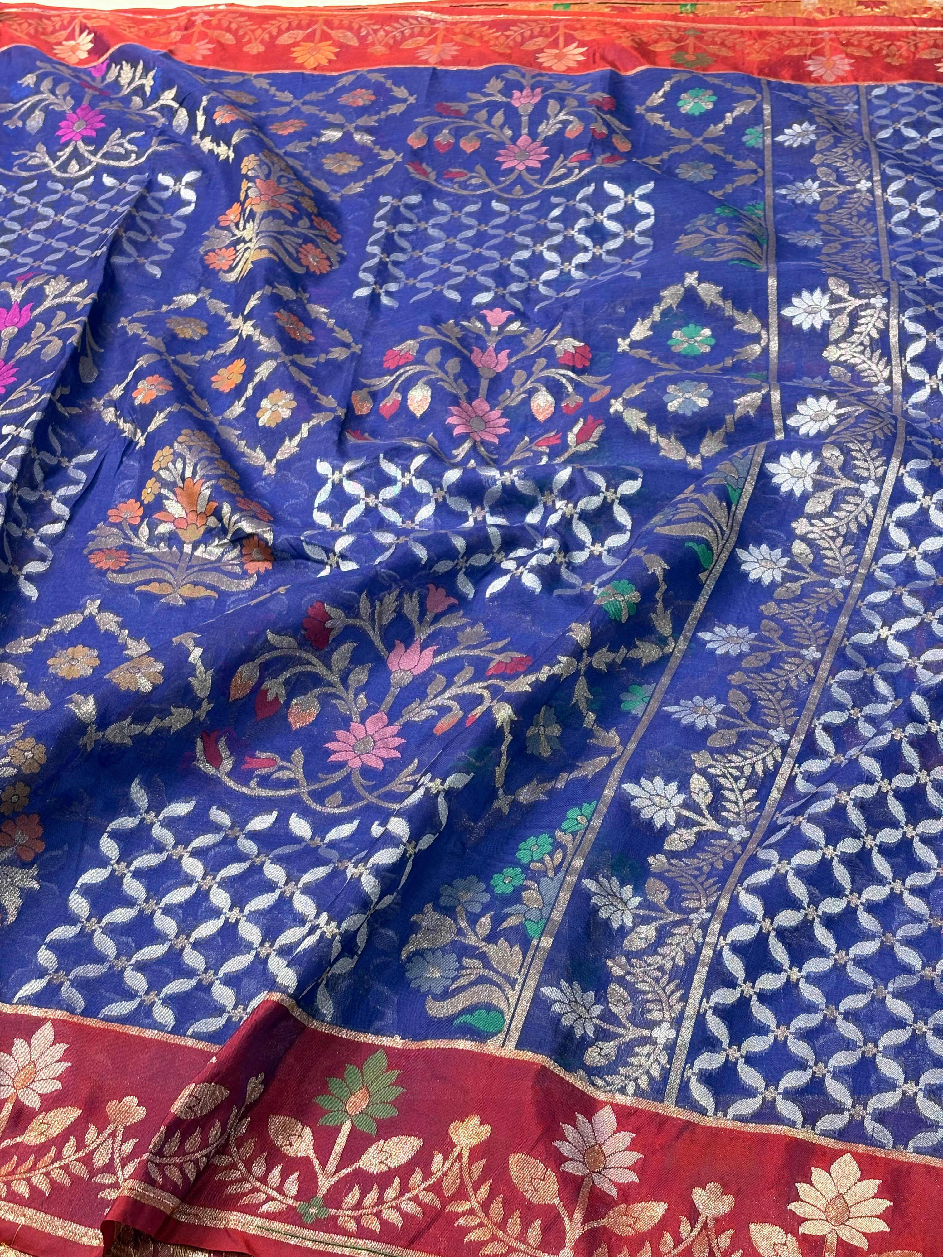 Royal Blue Banarasi Pure Kora Iktara Jamdani Saree with Red Satin Silk Border