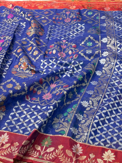 Royal Blue Banarasi Pure Kora Iktara Jamdani Saree with Red Satin Silk Border