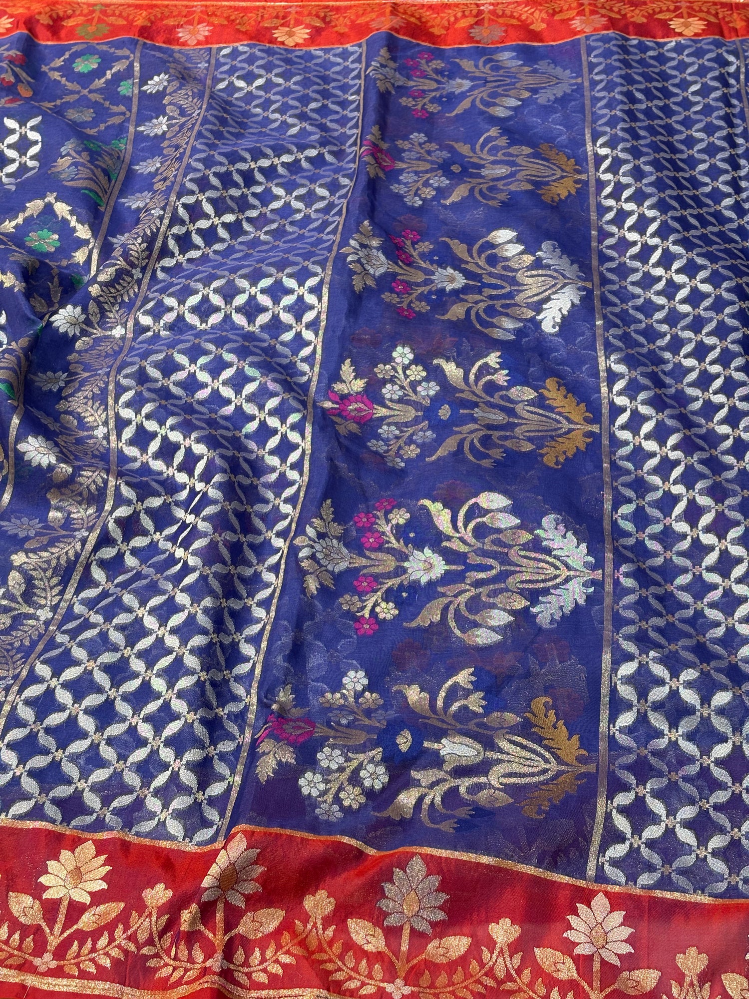 Royal Blue Banarasi Pure Kora Iktara Jamdani Saree with Red Satin Silk Border