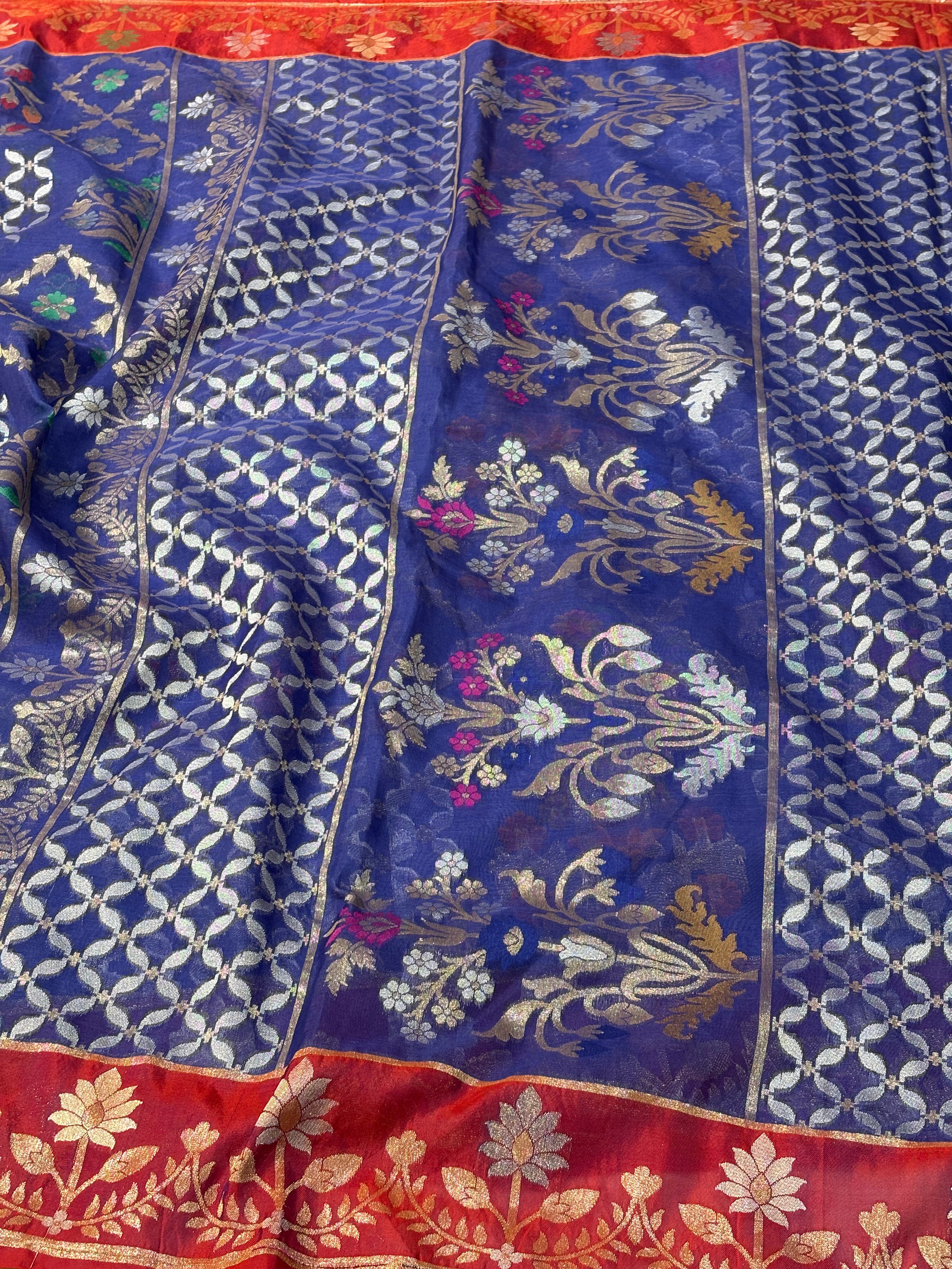 Royal Blue Banarasi Pure Kora Iktara Jamdani Saree with Red Satin Silk Border
