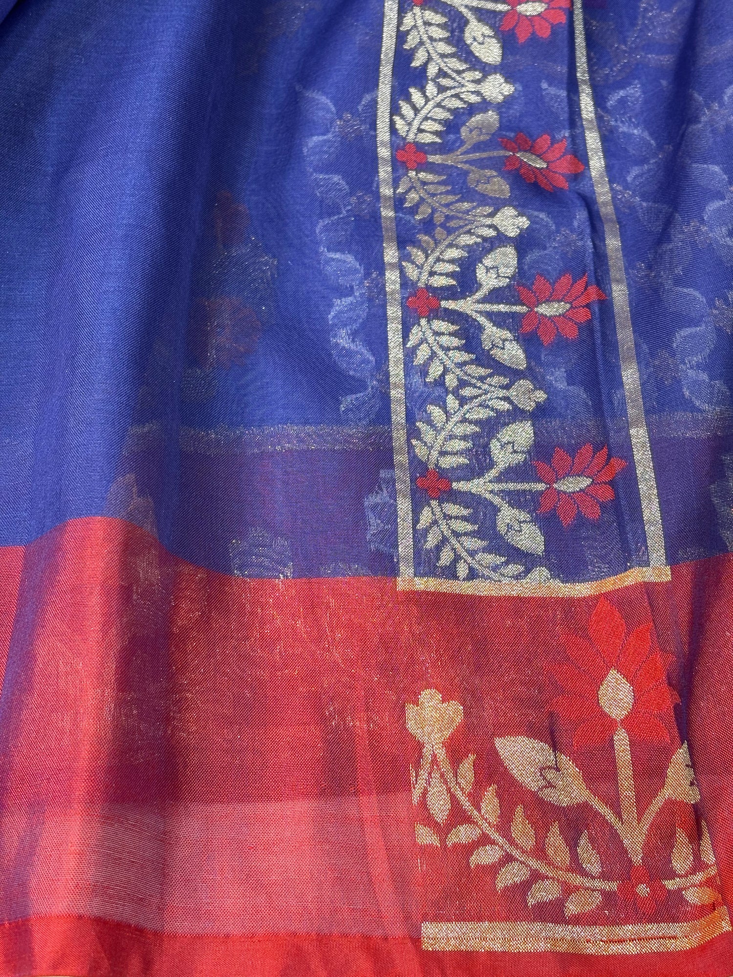 Royal Blue Banarasi Pure Kora Iktara Jamdani Saree with Red Satin Silk Border