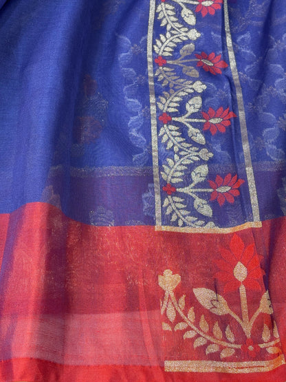 Royal Blue Banarasi Pure Kora Iktara Jamdani Saree with Red Satin Silk Border
