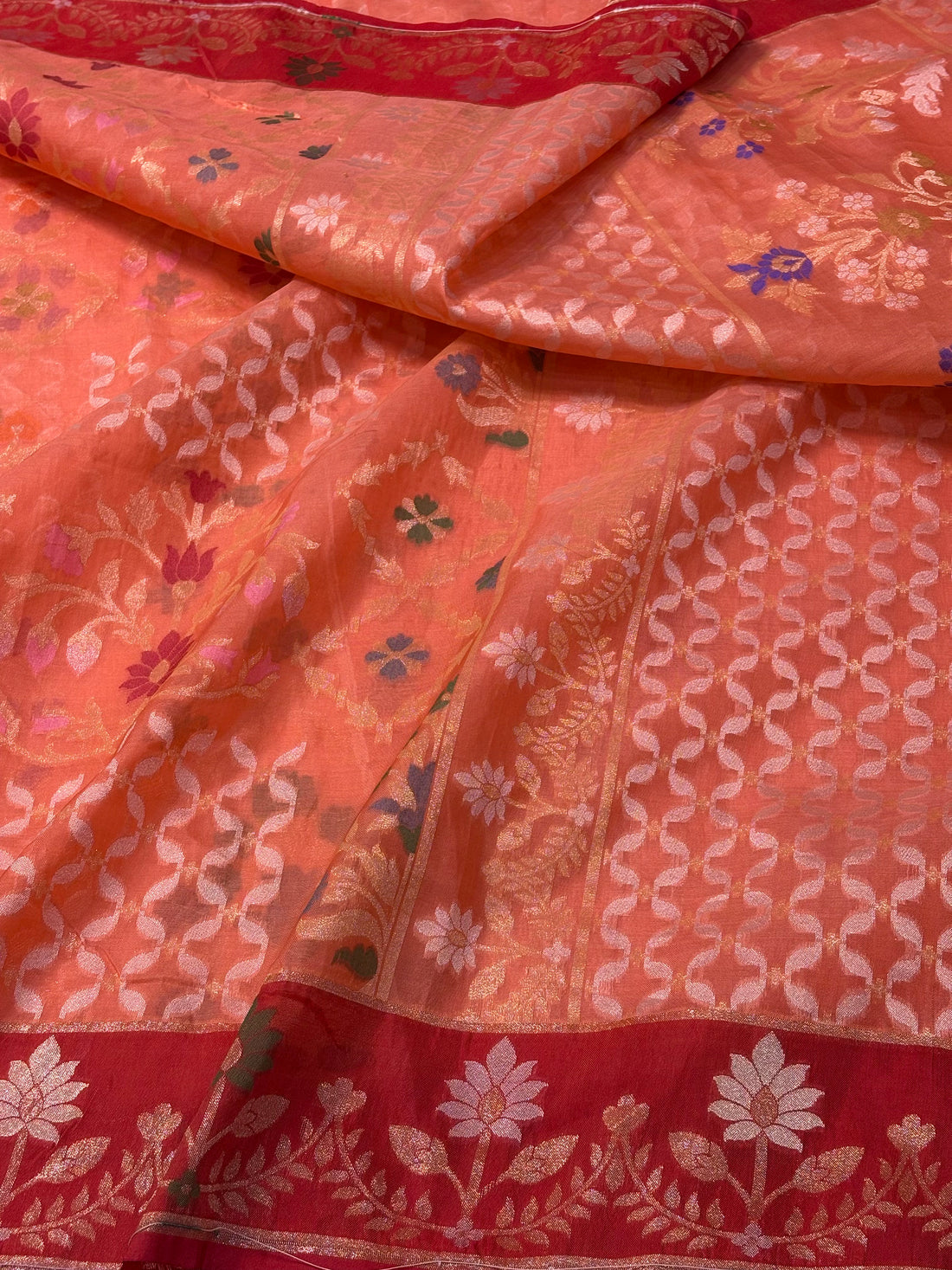 Peach Orange Kora Iktara Jamdani Handloom Banarasi Saree with Red Satin Silk Border