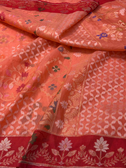 Peach Orange Kora Iktara Jamdani Handloom Banarasi Saree with Red Satin Silk Border