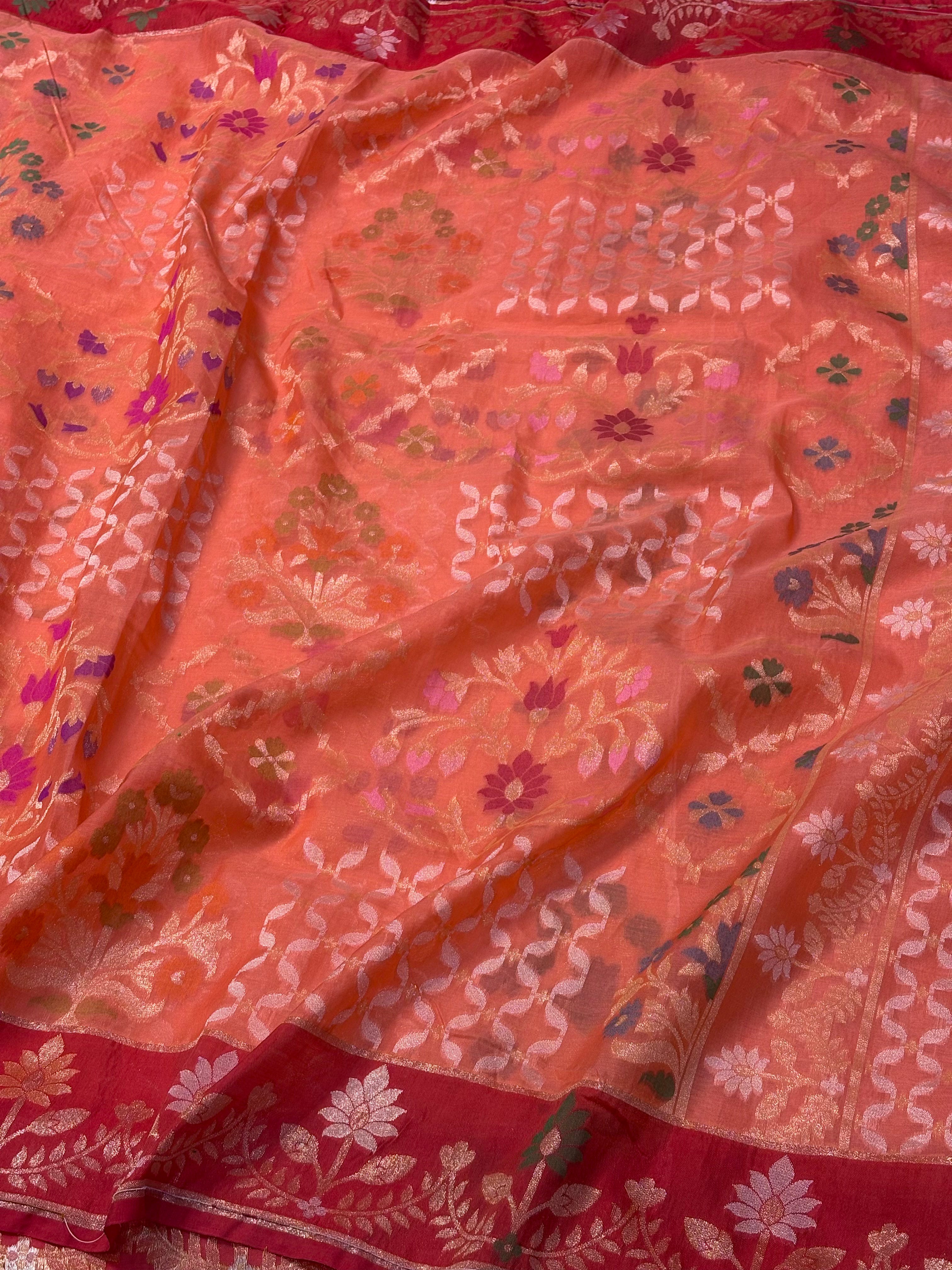 Peach Orange Kora Iktara Jamdani Handloom Banarasi Saree with Red Satin Silk Border