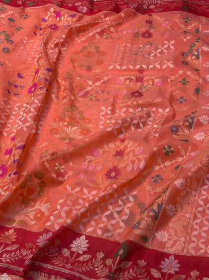 Peach Orange Kora Iktara Jamdani Handloom Banarasi Saree with Red Satin Silk Border