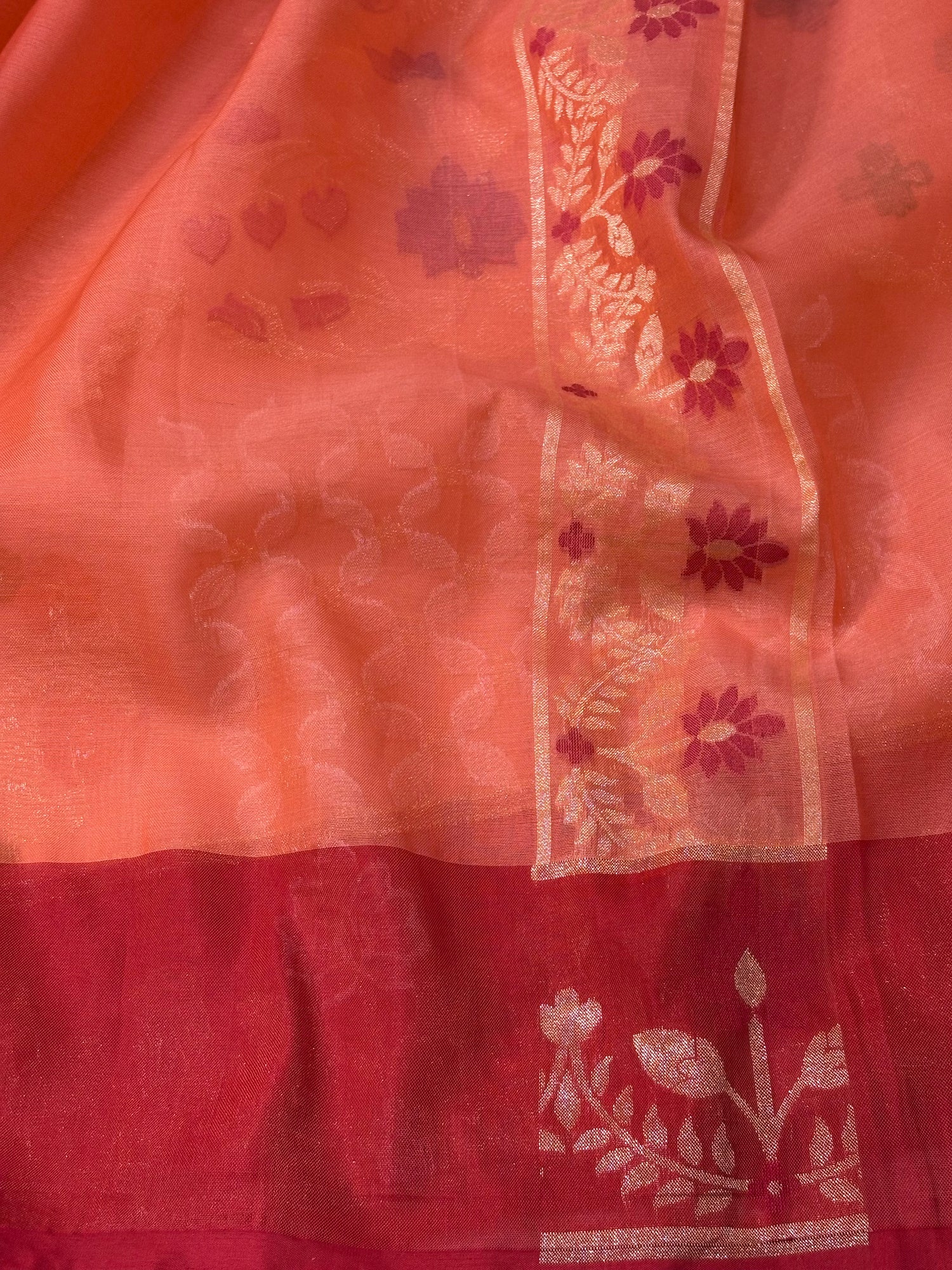 Peach Orange Kora Iktara Jamdani Handloom Banarasi Saree with Red Satin Silk Border