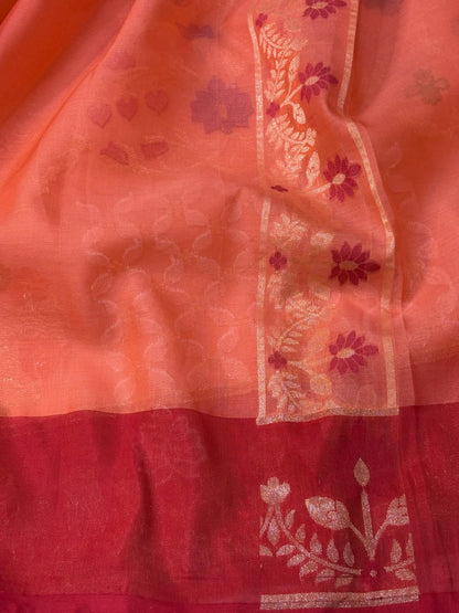 Peach Orange Kora Iktara Jamdani Handloom Banarasi Saree with Red Satin Silk Border