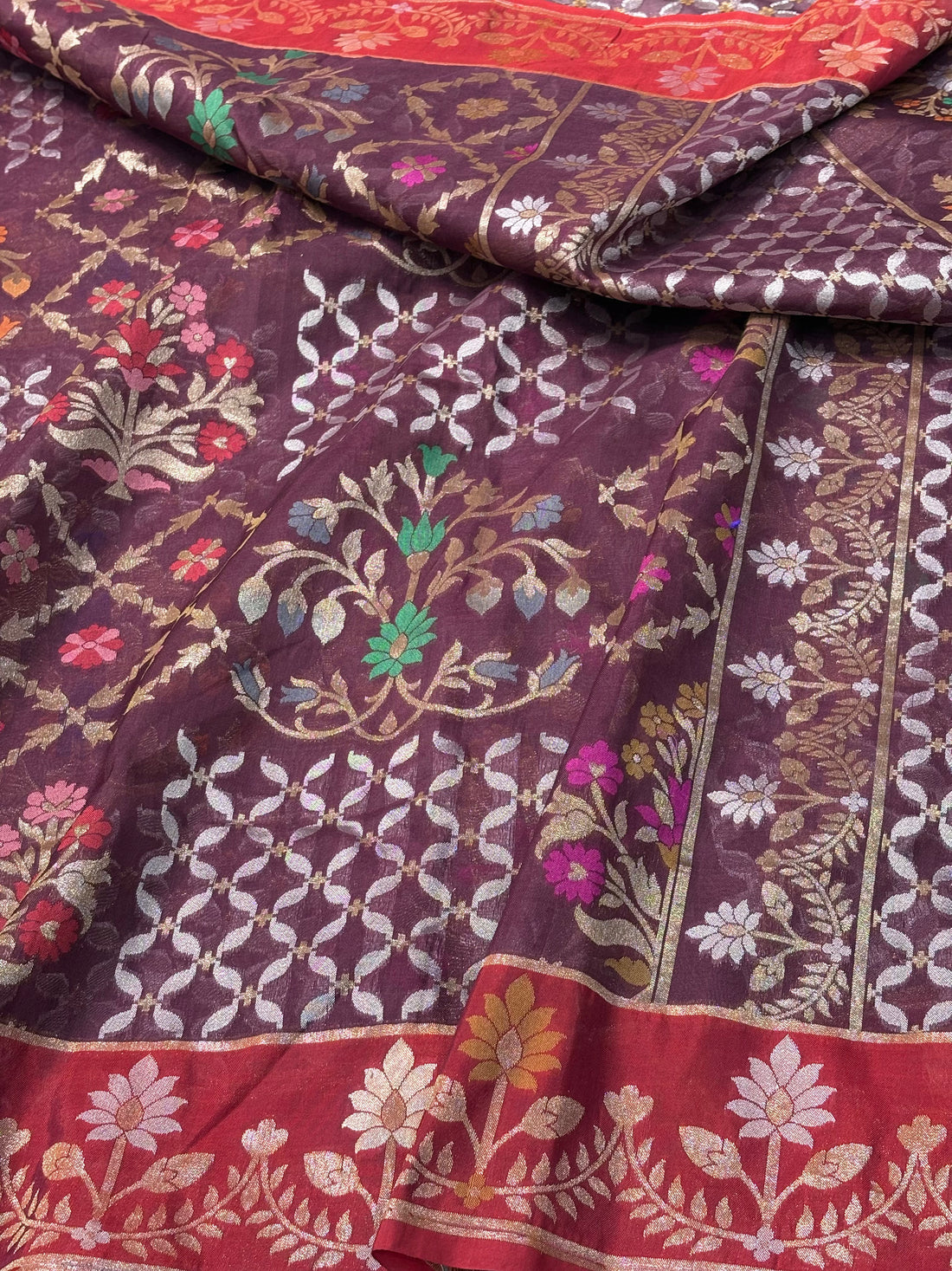 Pure Kora Iktara Wine Jamdani Handloom Banarasi Saree with Red Satin Silk Border