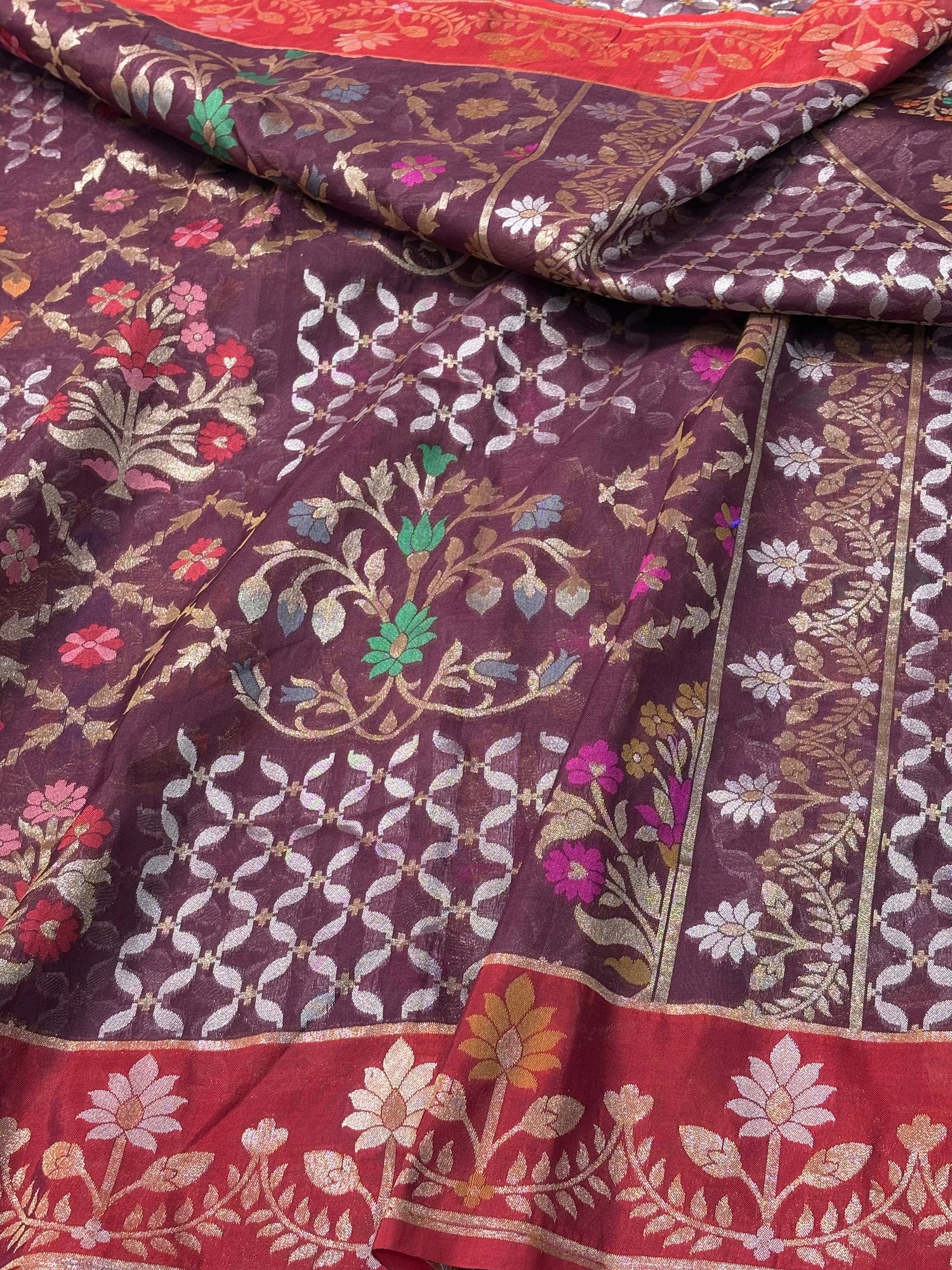 Pure Kora Iktara Wine Jamdani Handloom Banarasi Saree with Red Satin Silk Border