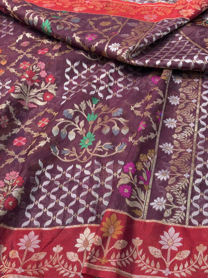 Pure Kora Iktara Wine Jamdani Handloom Banarasi Saree with Red Satin Silk Border