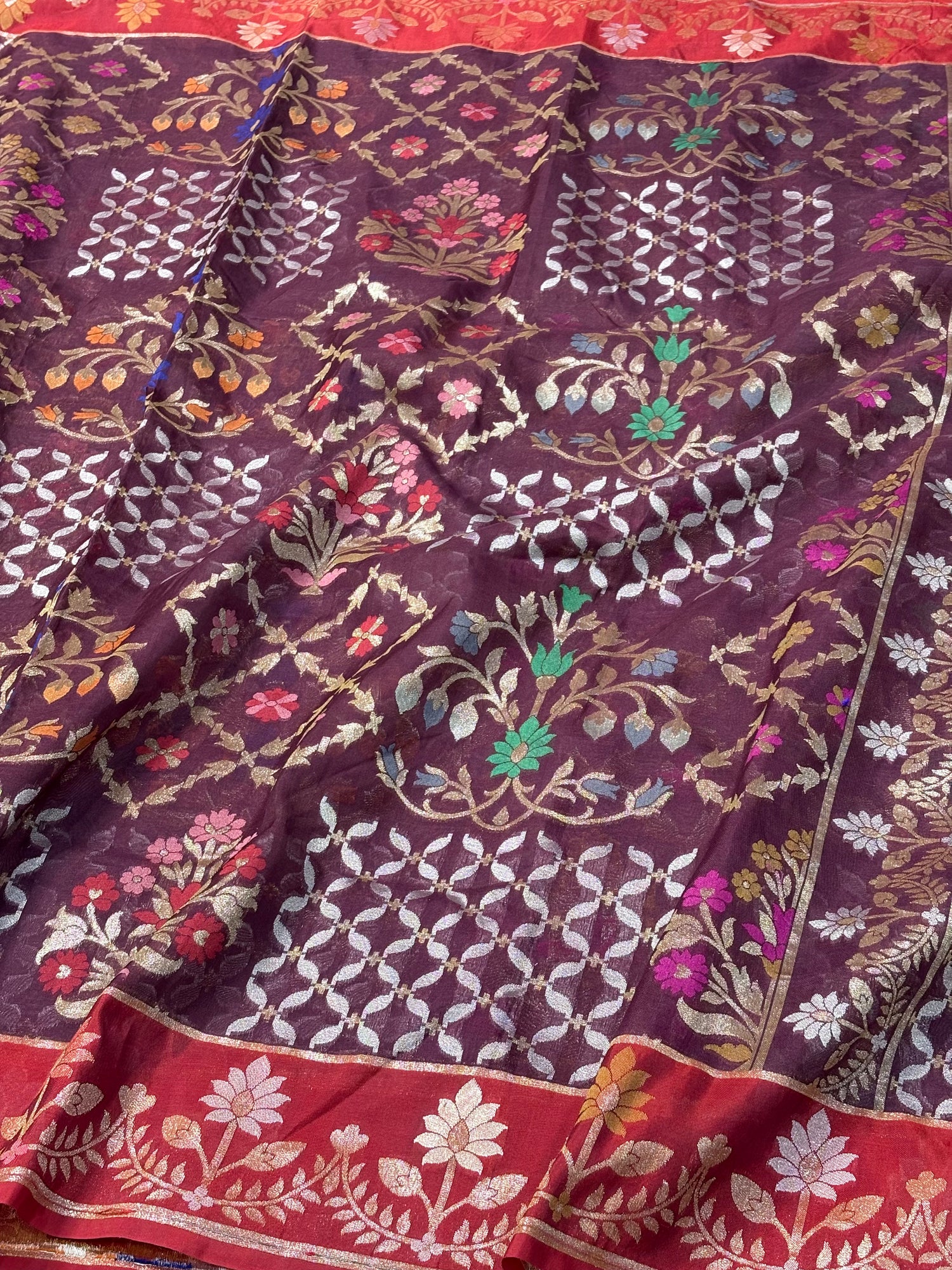 Pure Kora Iktara Wine Jamdani Handloom Banarasi Saree with Red Satin Silk Border