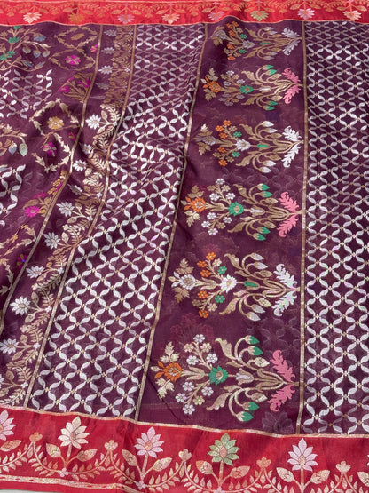 Pure Kora Iktara Wine Jamdani Handloom Banarasi Saree with Red Satin Silk Border