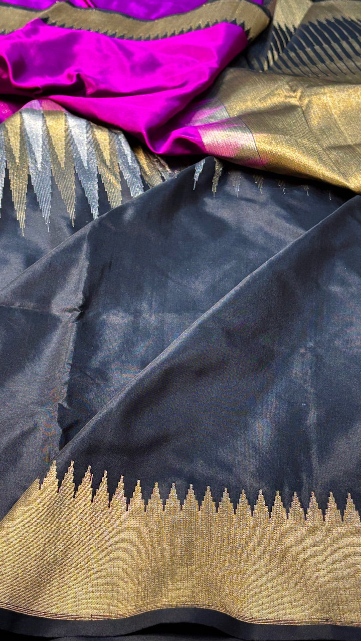 Purple &amp; Black Pure Banarasi Katan Silk Handwoven Saree