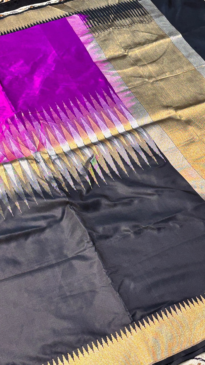 Purple &amp; Black Pure Banarasi Katan Silk Handwoven Saree
