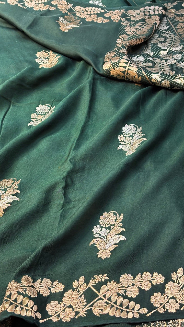 Bottle Green Pure Banarasi Ektara  Silk Handwoven Saree