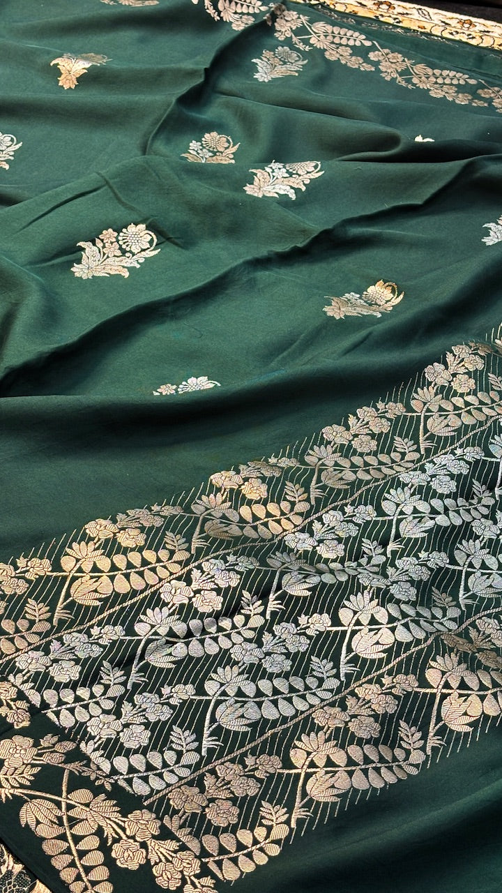 Bottle Green Pure Banarasi Ektara  Silk Handwoven Saree
