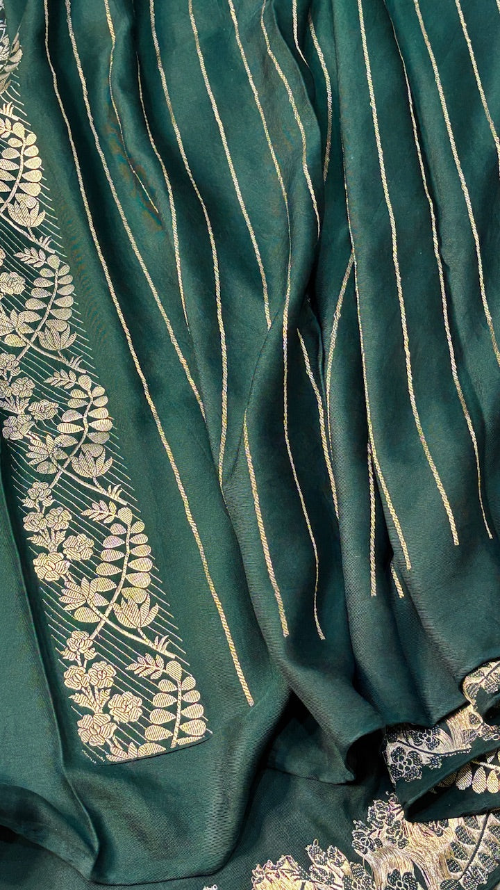 Bottle Green Pure Banarasi Ektara  Silk Handwoven Saree