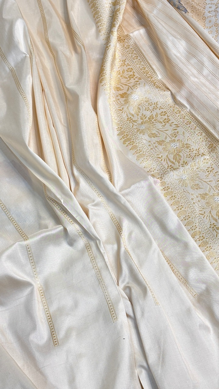 Ivory Rangkaat Pure Banarasi Katan Silk Handwoven Saree