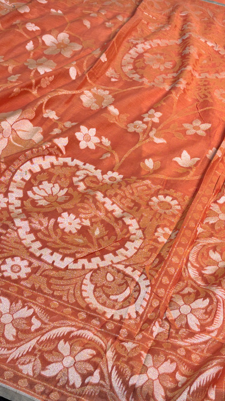 Burnt Saffron Orange Pure Banarasi cotton Jamdani handloom Saree