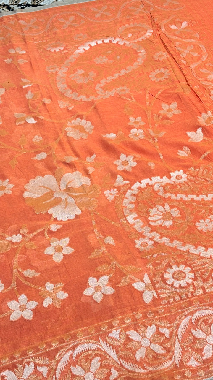 Burnt Saffron Orange Pure Banarasi cotton Jamdani handloom Saree