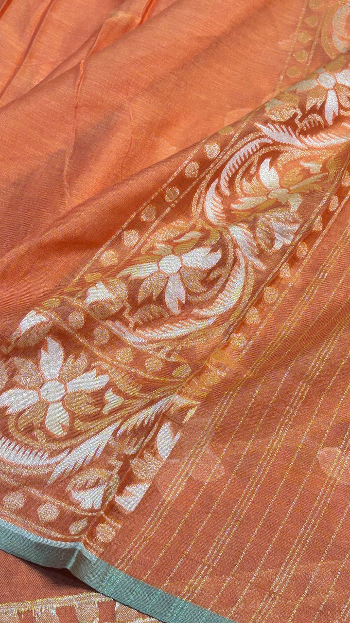 Burnt Saffron Orange Pure Banarasi cotton Jamdani handloom Saree