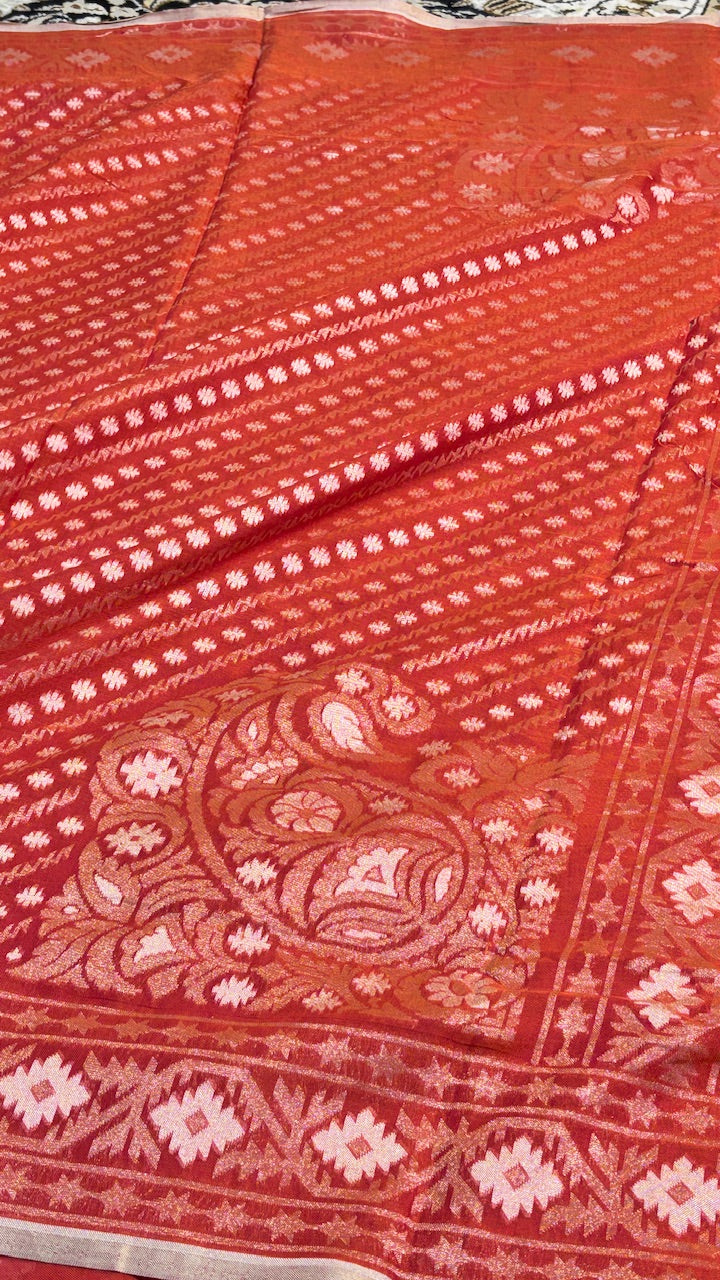 Rust Vermilion Red Pure Banarasi cotton Jamdani handloom Saree