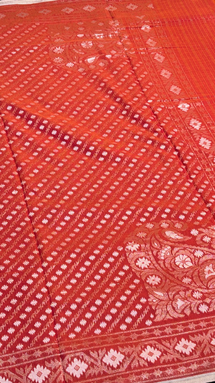 Rust Vermilion Red Pure Banarasi cotton Jamdani handloom Saree