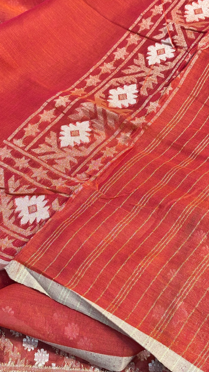 Rust Vermilion Red Pure Banarasi cotton Jamdani handloom Saree