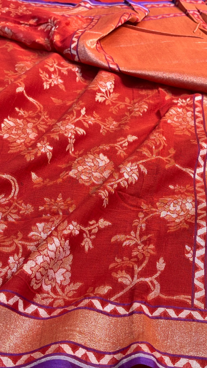 Burnt Crimson Red Pure Banarasi cotton Jamdani handloom Saree
