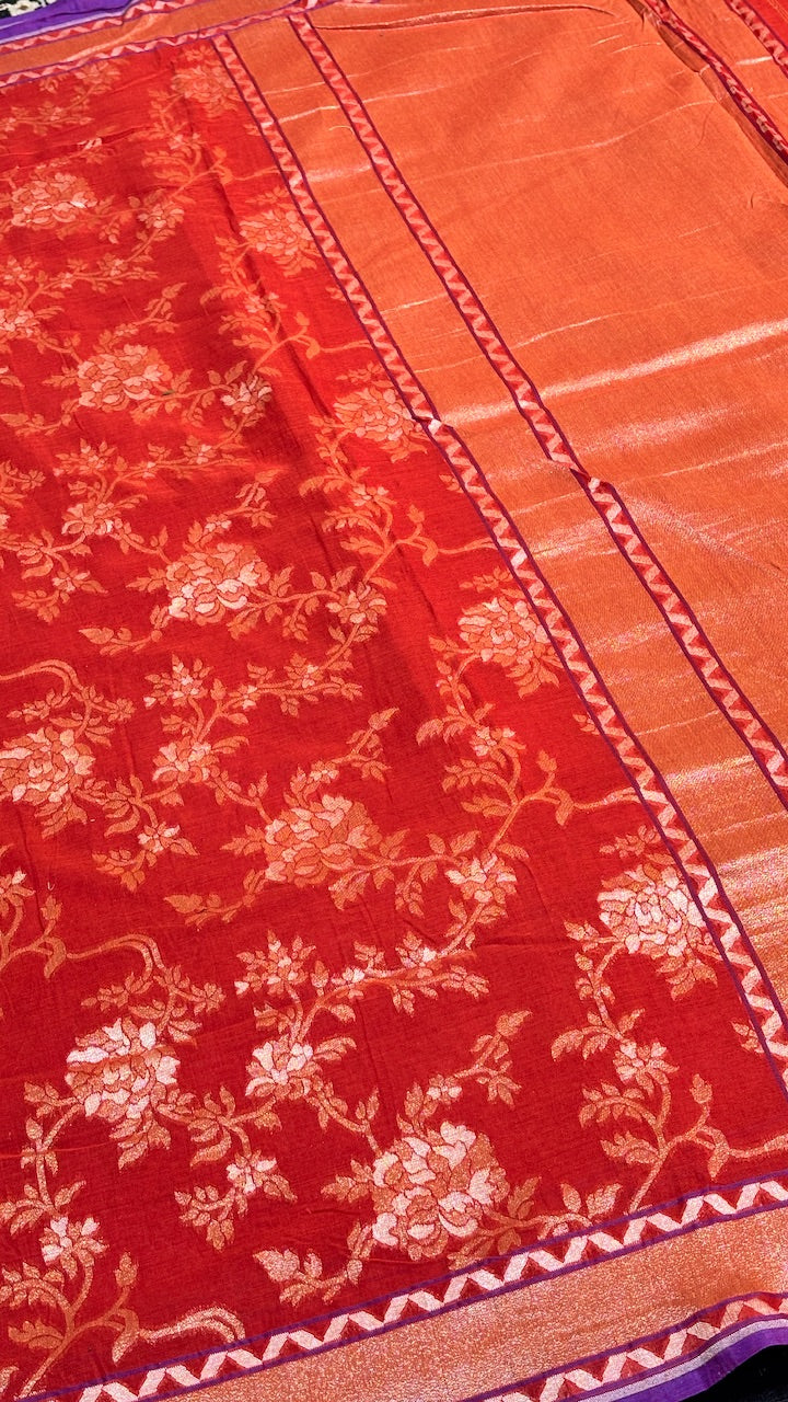Burnt Crimson Red Pure Banarasi cotton Jamdani handloom Saree