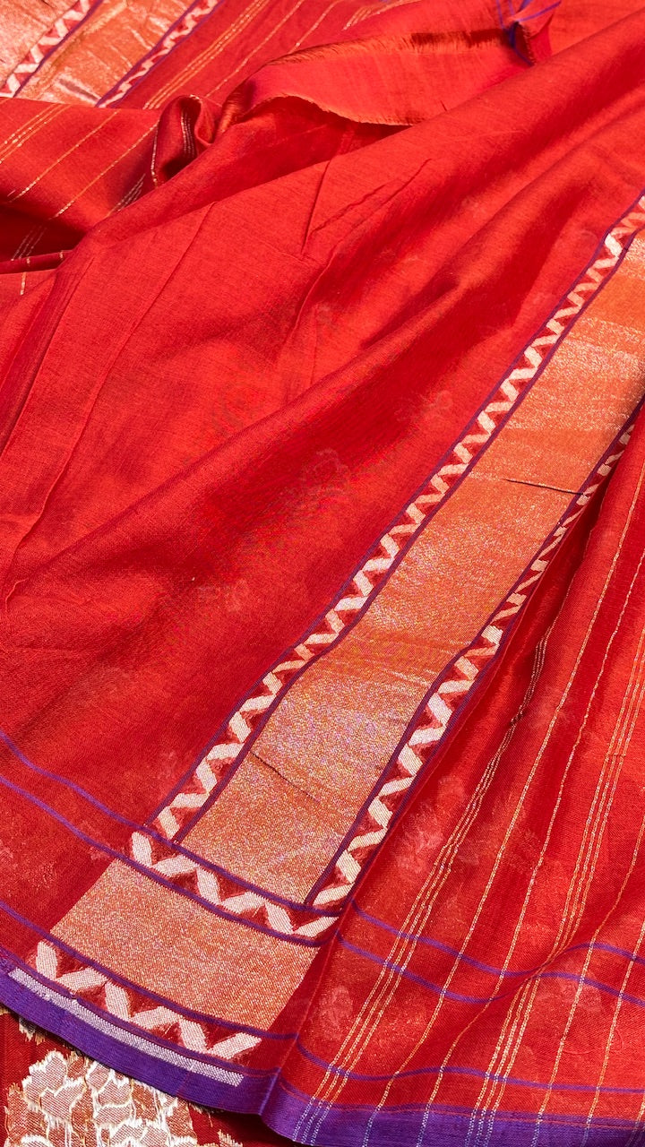 Burnt Crimson Red Pure Banarasi cotton Jamdani handloom Saree