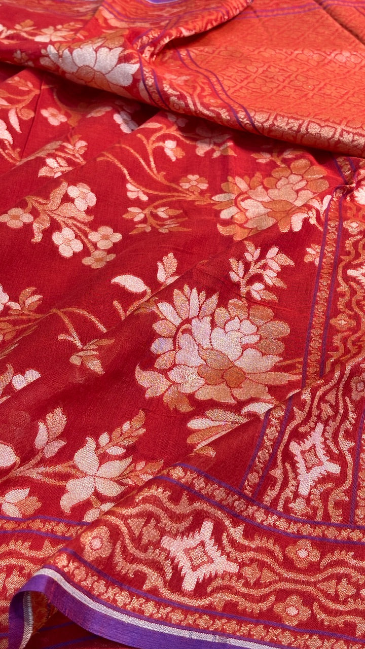 Saffron Maroon Pure Banarasi cotton Jamdani handloom Saree
