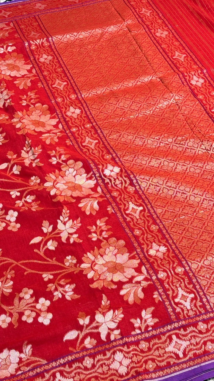 Saffron Maroon Pure Banarasi cotton Jamdani handloom Saree